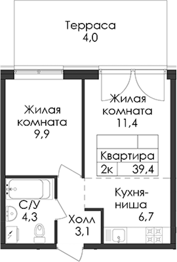 1-комнатная квартира 39.4 м², 1/9 эт., ЖК «Лермонтовский 54»